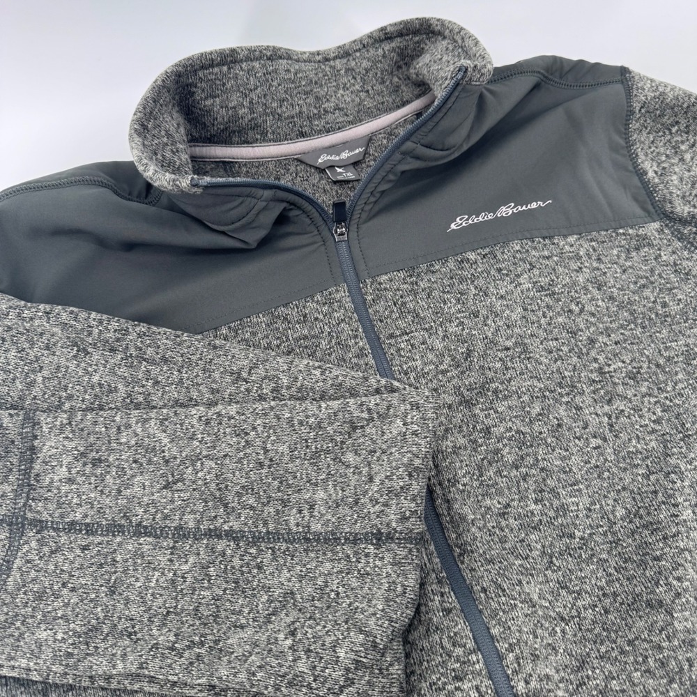 Eddie Bauer‎ Men's Gray Heather Fleece Jacket Full Zip Overlay Pocket Size XXL